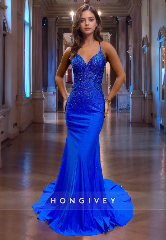 Sparkle Spaghetti Straps V-Neck Trumpet Blue Evening Dress Formal Party Gown