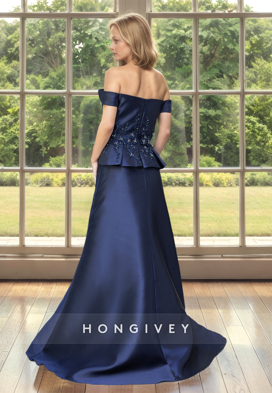 Royal Blue Satin Applique Off-Shoulder A-line Mother of the Bride Dress