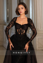 HONGIVEY Long Beaded Mermaid Formal Evening Dress with Train Lace Applique Black Sleeves Customized