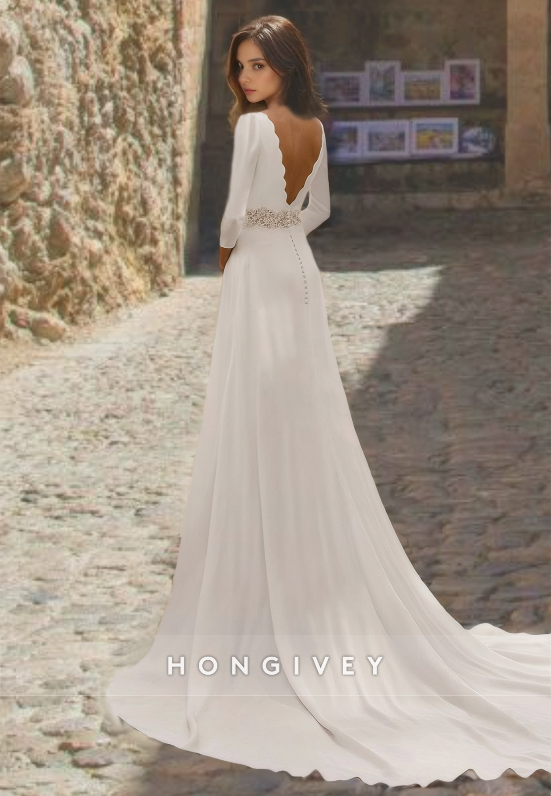 HONGIVEY Special Bateau Long Sleeves A-Line Beach Wedding Dress Applique Bride Gown