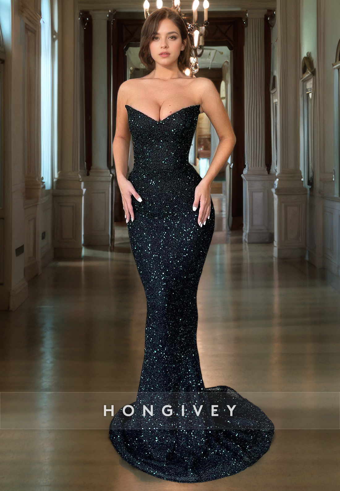 Simple Black V-Neck Sequined Fitted Mermaid with Train Evening Dress