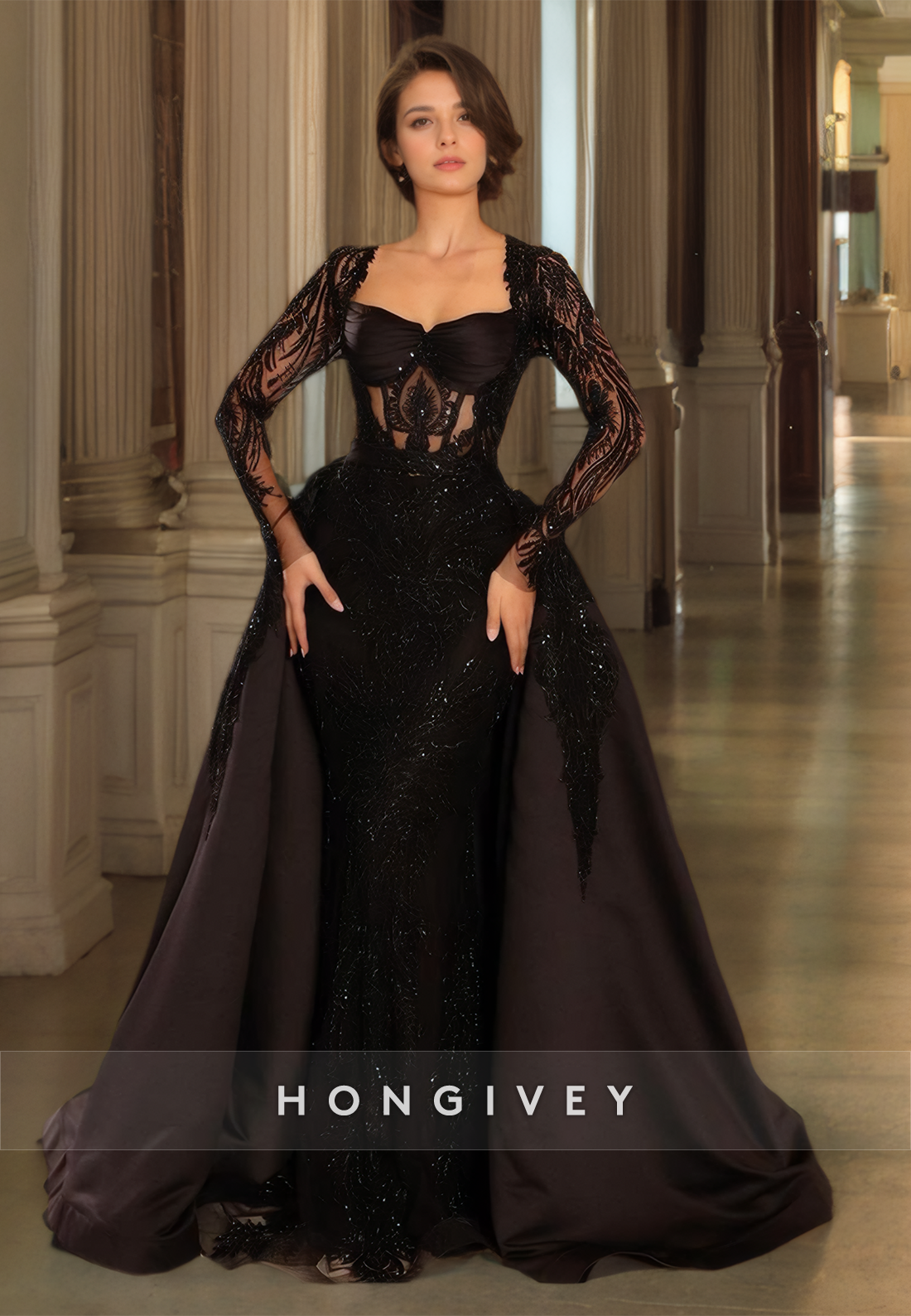 HONGIVEY Long Beaded Mermaid Formal Evening Dress with Train Lace Applique Black Sleeves Customized