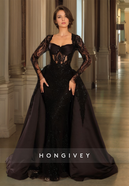 HONGIVEY Long Beaded Mermaid Formal Evening Dress with Train Lace Applique Black Sleeves Customized