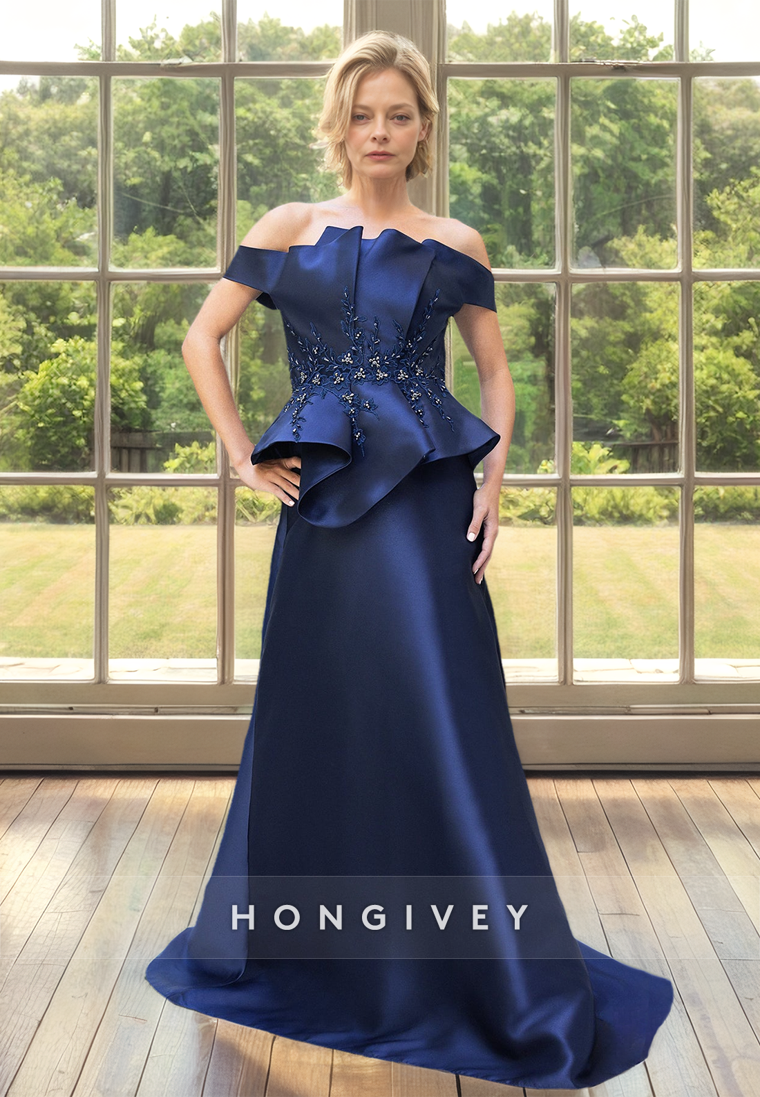 Royal Blue Satin Applique Off-Shoulder A-line Mother of the Bride Dress