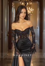 HONGIVEY Elegant Black Long Sleeves Evening Dress Lace Applique Side Slit Formal Party Gown