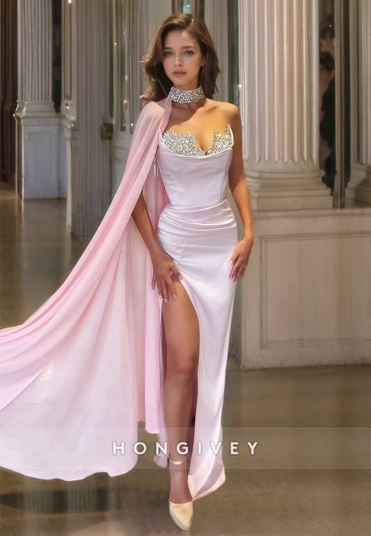 HONGIVEY Pink Beaded Halter Sheath Formal Evening Dress with Cape Satin Party Gown