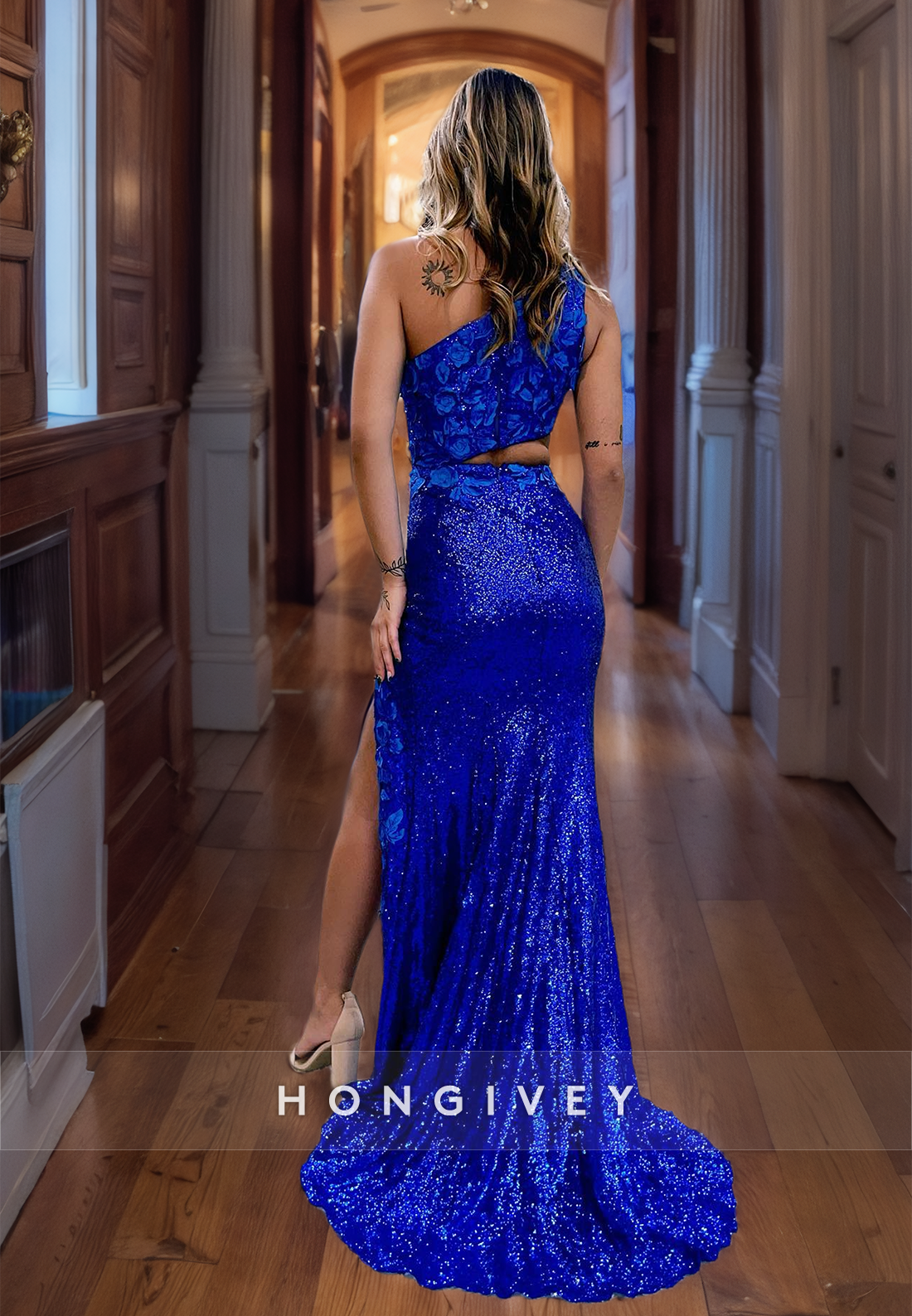 HONGIVEY New Floaral Sequined Evening Dress Stunning Royal Blue One Shoulder Formal Party Dress