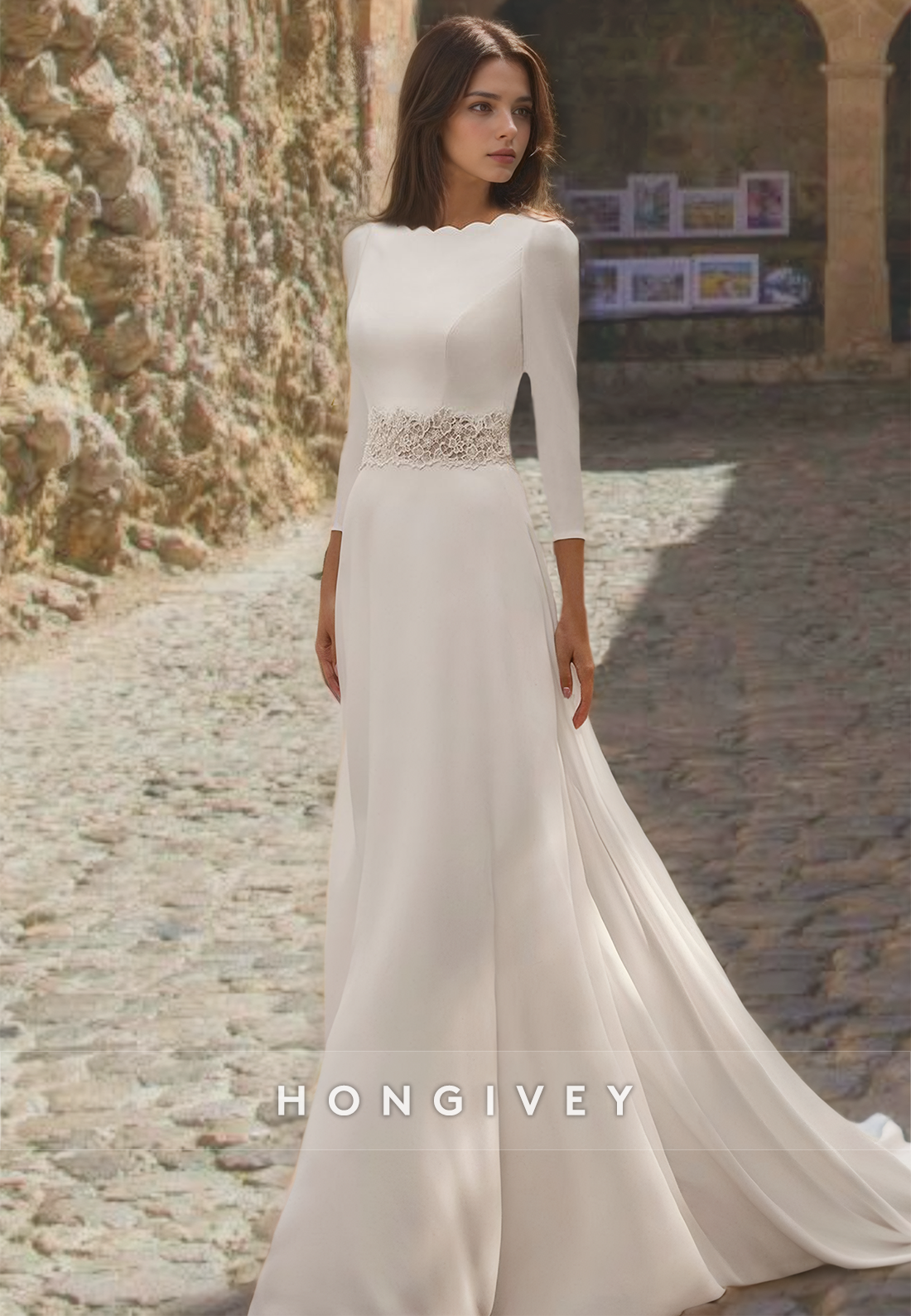 HONGIVEY Special Bateau Long Sleeves A-Line Beach Wedding Dress Applique Bride Gown