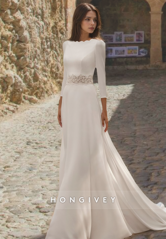 HONGIVEY Special Bateau Long Sleeves A-Line Beach Wedding Dress Applique Bride Gown