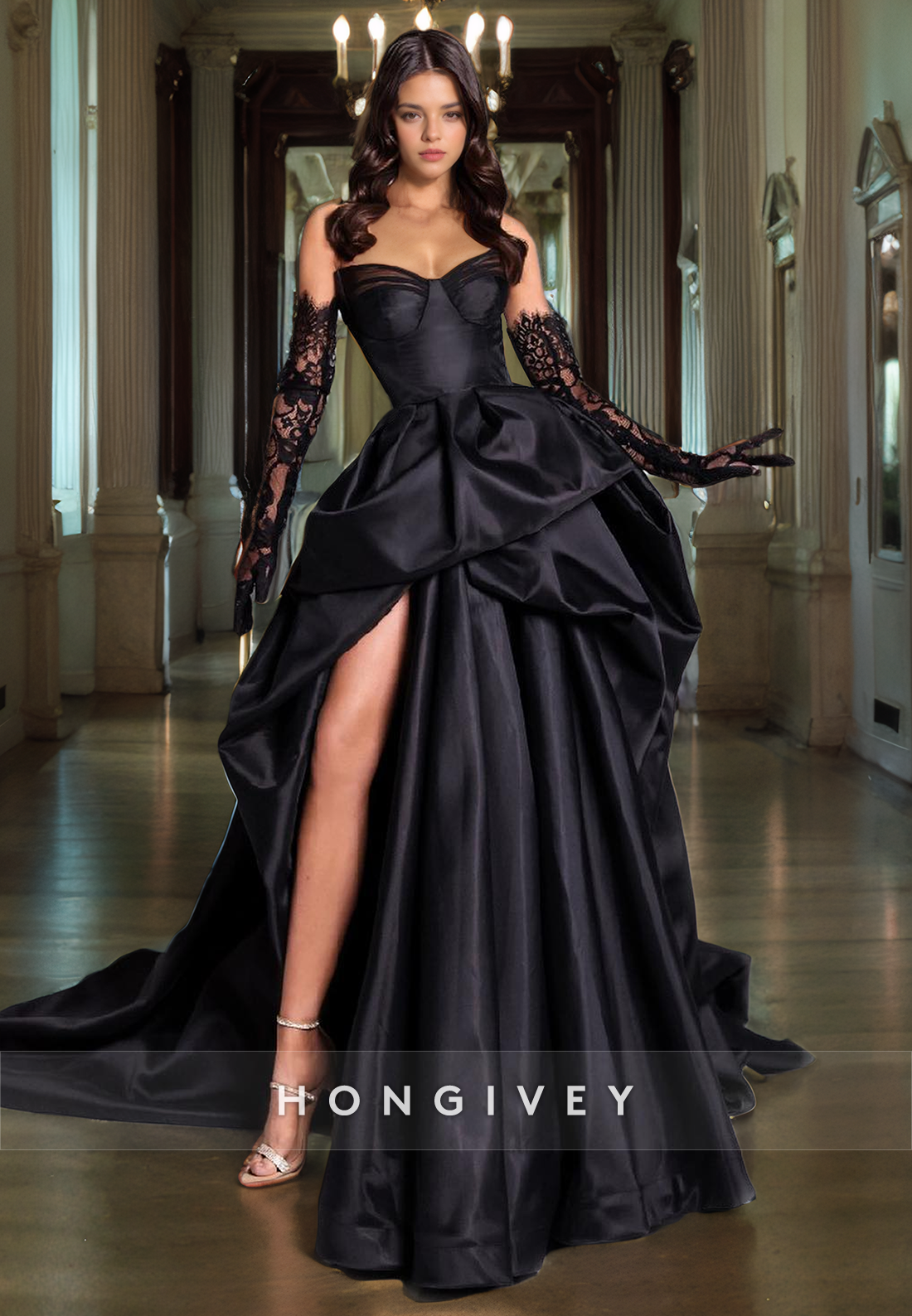 Casual Satin A-Line Strapless Empire With Side Slit Long Prom Dress