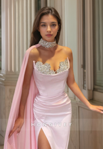 HONGIVEY Pink Beaded Halter Sheath Formal Evening Dress with Cape Satin Party Gown