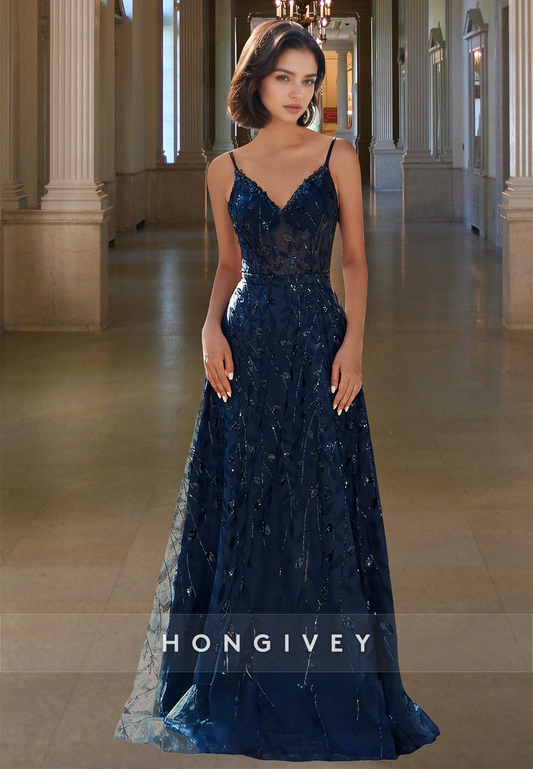 Dark Navy Full Applique Straps A-Line Formal Evening Party Prom Dress Ball Gown