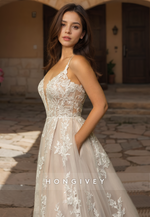 HONGIVEY Straps Applique A-Line Side Slit Tulle Wedding Dress with Train  Bride Gown