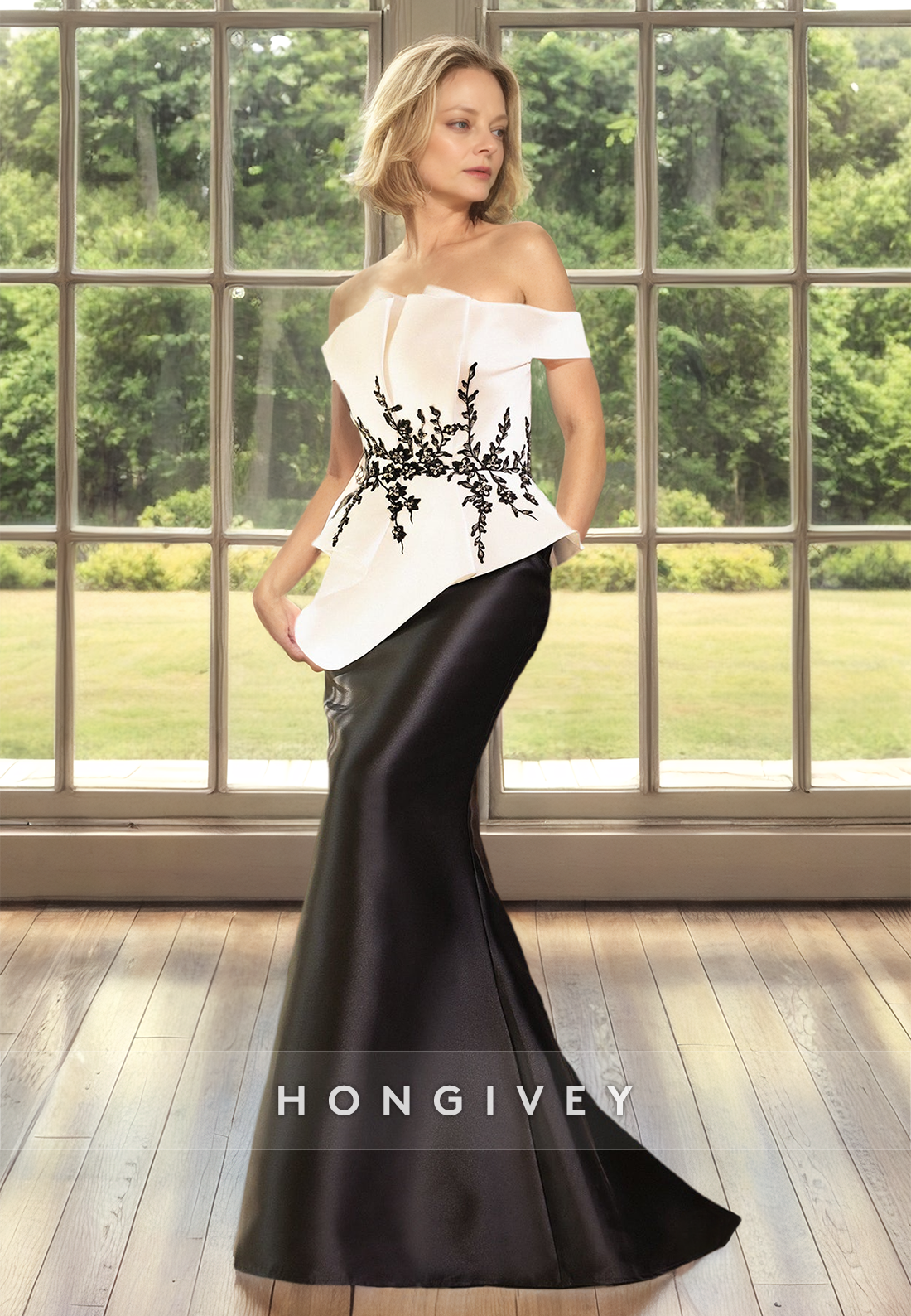 Trumpet Off-Shoulder Applique Satin Mother of the Bride Dress