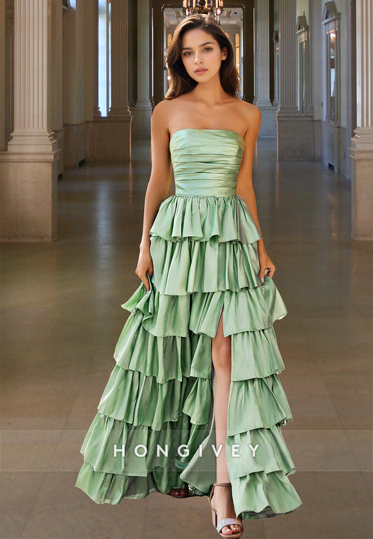 Green Solid Strapless Tiered A-Line Quinceanera Evening Party Prom Dress