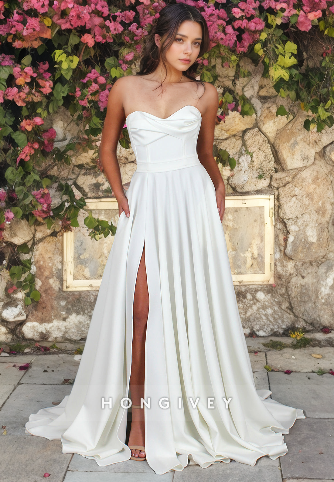 Chic Strapless Bow A-Line with Belt Satin Wedding Dress Bride Gown