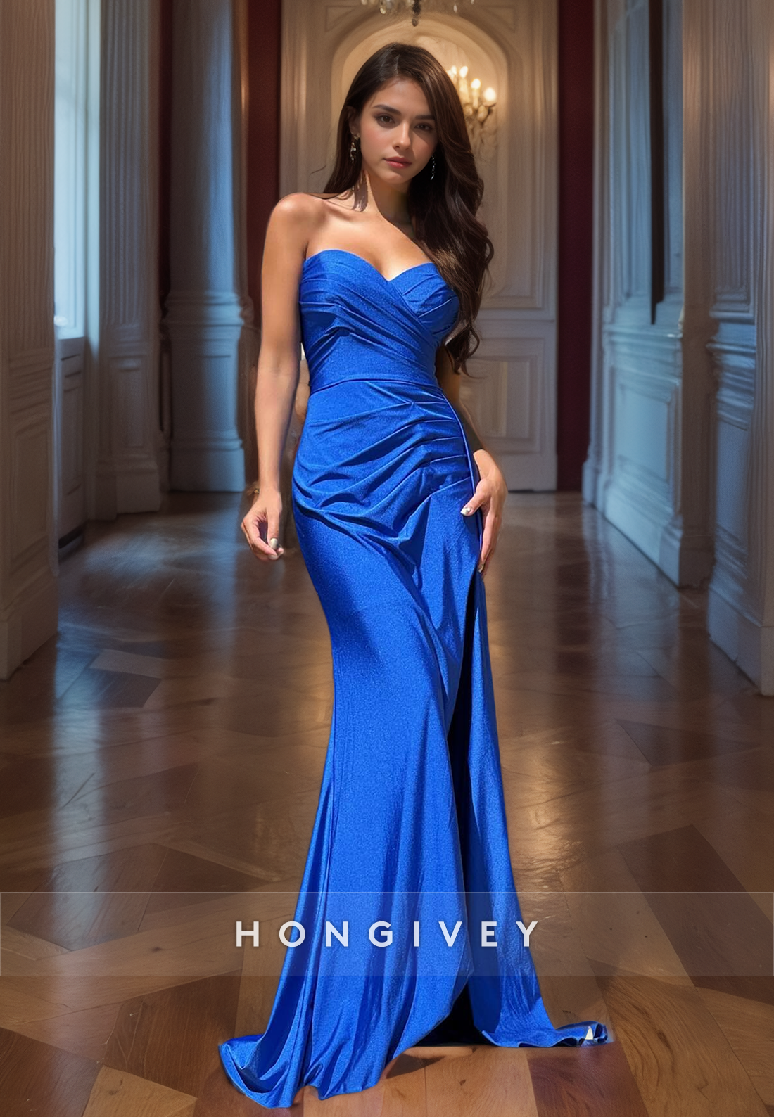 HONGIVEY Elegant Royal Blue Strapless Mermaid Evening Dress Formal Party Gown High Quality