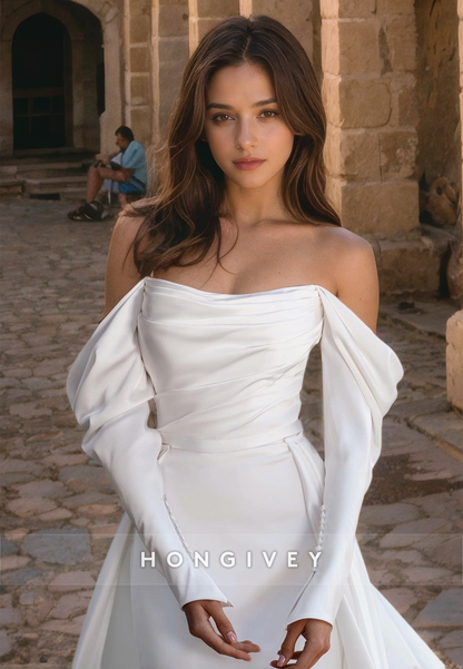 H1277 - Sexy Satin A-Line Off-Shoulder Long Sleeve Ruched Empire With Train Wedding Dress