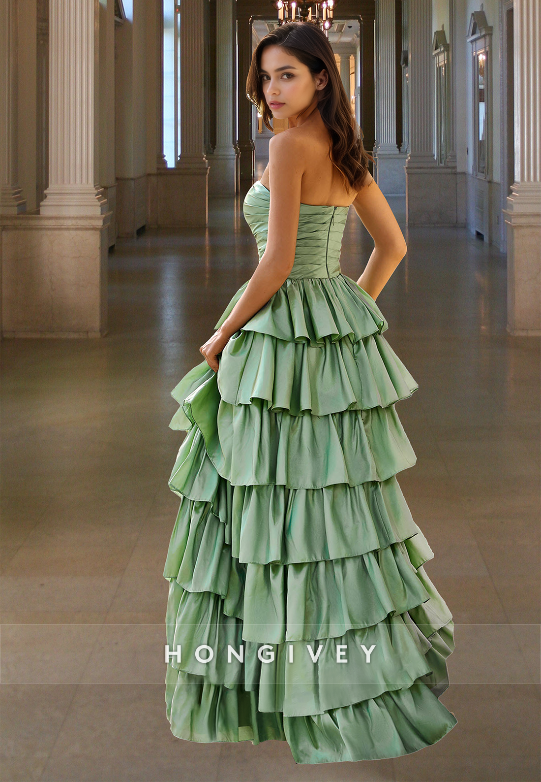 Green Solid Strapless Tiered A-Line Quinceanera Evening Party Prom Dress