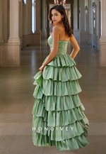 Green Solid Strapless Tiered A-Line Quinceanera Evening Party Prom Dress