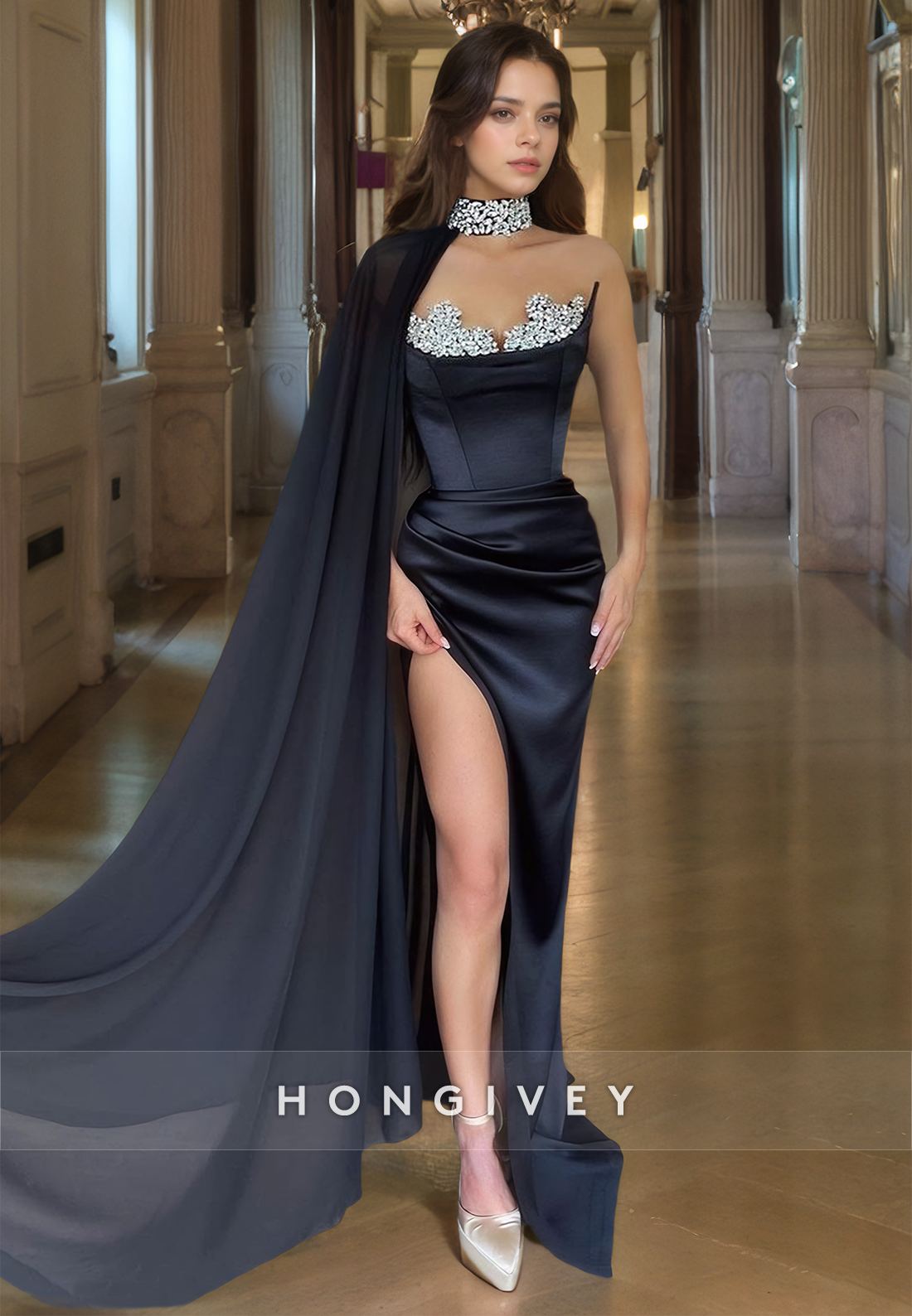 HONGIVEY Elegant Black Beaded Formal Evening Dress with Cape Floor Length Prom Gown