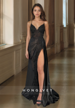 HONGIVEY Sexy Straps Backless Black Formal Evening Dress Lace Floor Trumpet Prom Gown