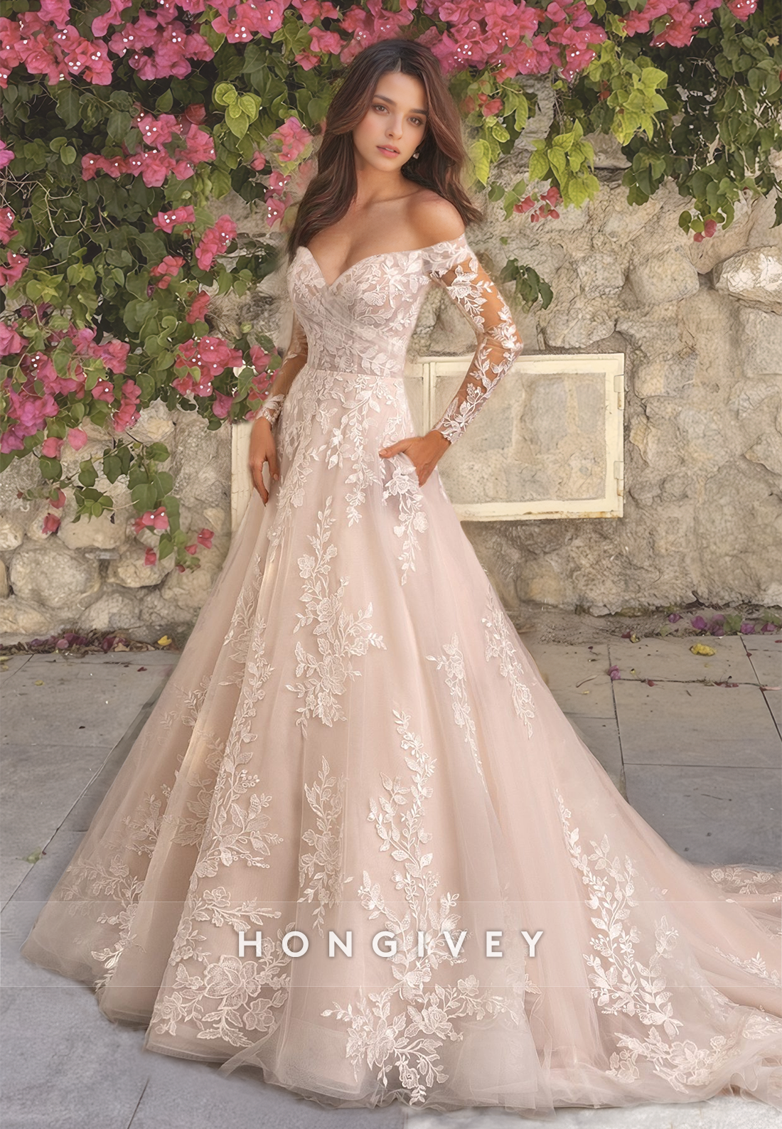 Sexy Tulle A-Line Off-Shoulder Long Sleeve Empire Appliques With Pockets Train Wedding Dress