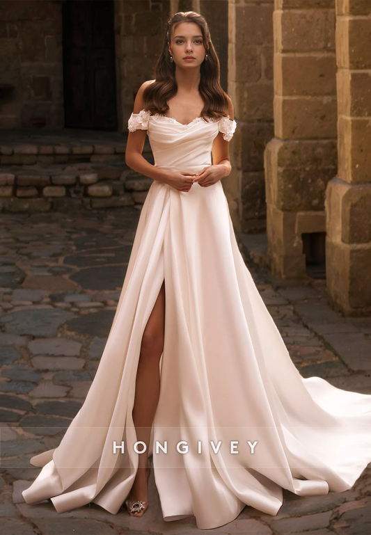 H1150 - Sexy Satin A-Line Off-Shoulder Empire Ruched With Side Slit Train  Wedding Dress