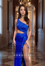 HONGIVEY New Floaral Sequined Evening Dress Stunning Royal Blue One Shoulder Formal Party Dress