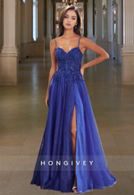 Stunning Applique Blue Spaghetti Straps A-Line Corset Formal Evening Prom Dress