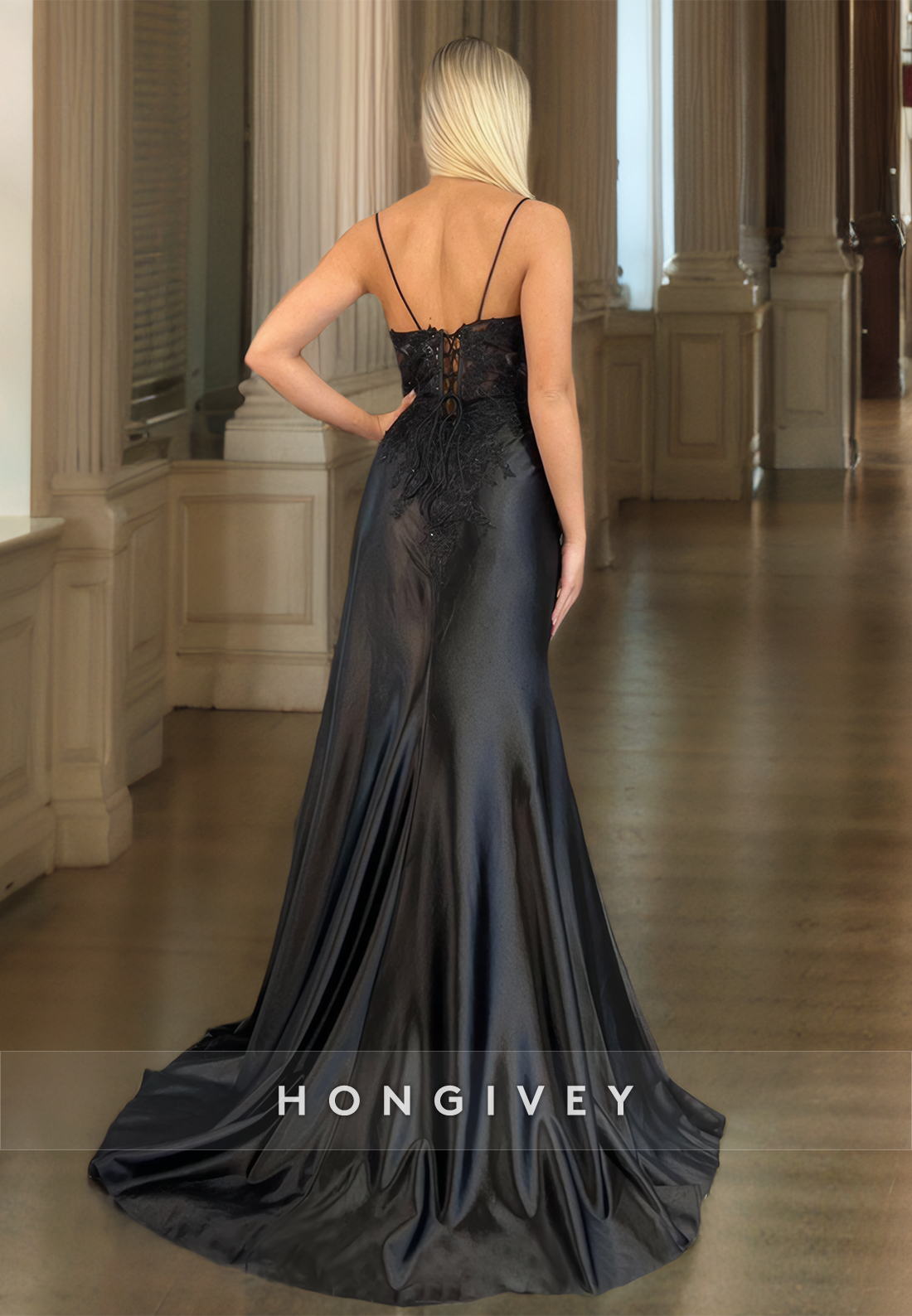 HONGIVEY Sexy Straps Backless Black Formal Evening Dress Lace Floor Trumpet Prom Gown