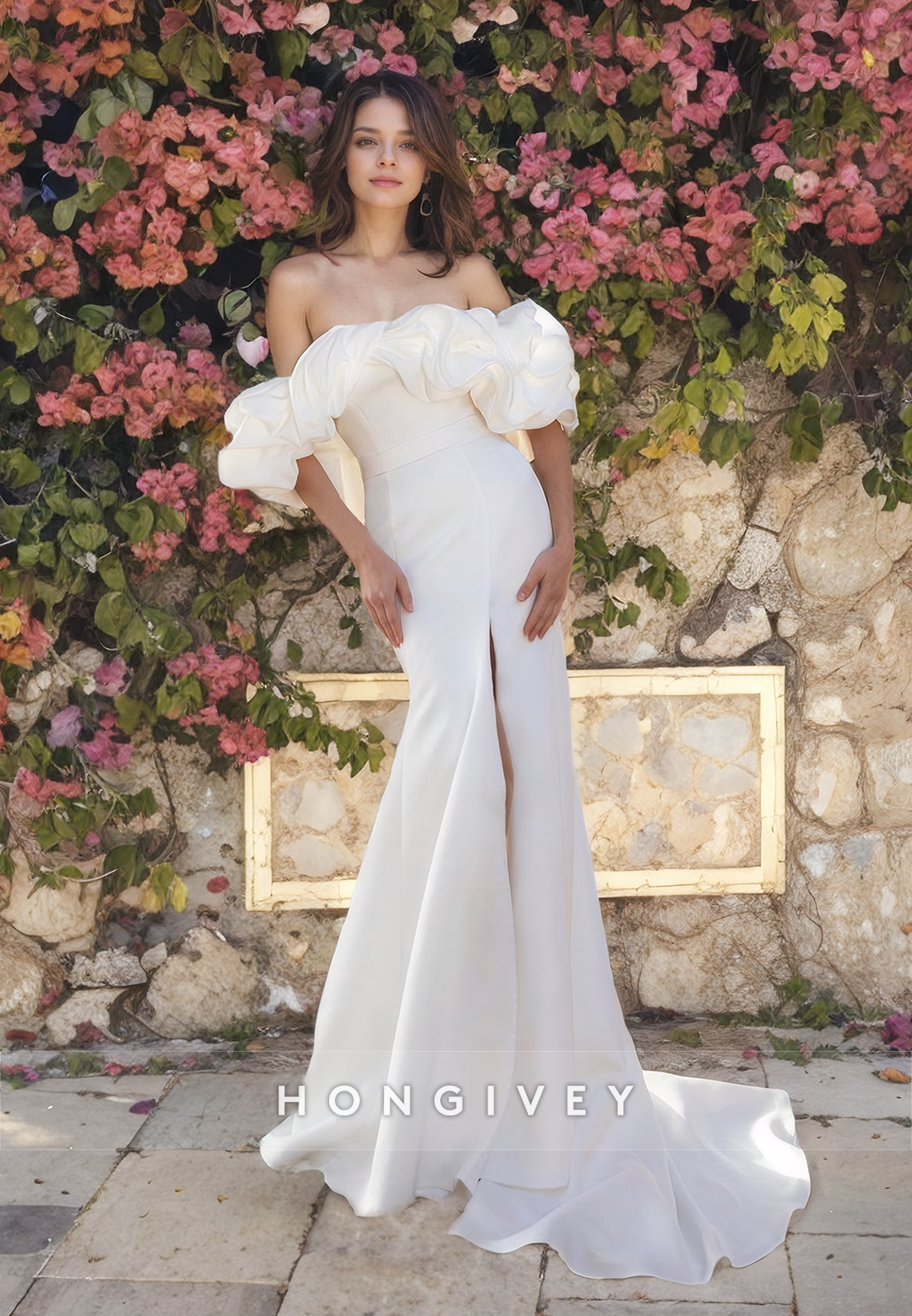 Chic Off-Shoulder Ruched Trumpet Satin with Side Slit Wedding Dress Bride Gown