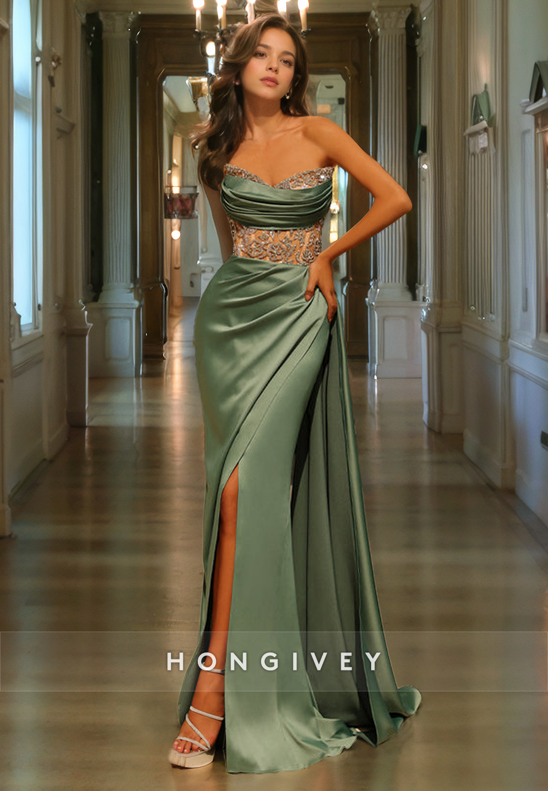 Beaded Ruched Sheer with Train Satin Formal Party Gown Evening Dress 2025