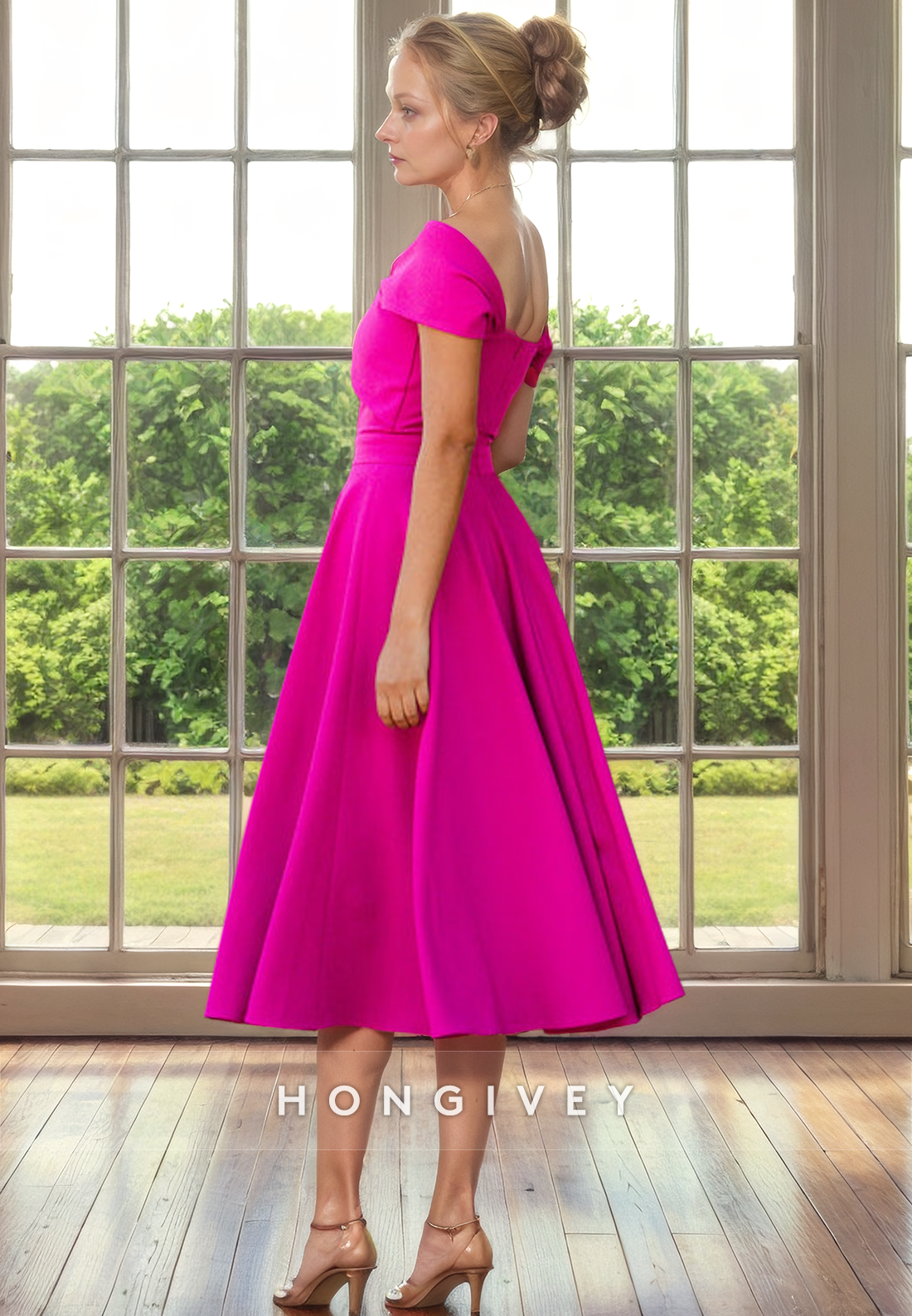 A-Line Off-Shoulder Sleeveless Ruched Tea-Length Cocktail Evening Dress