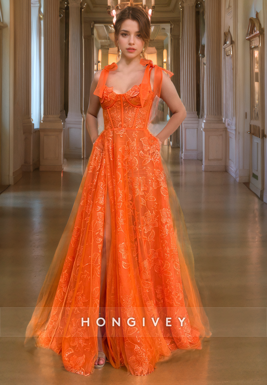 Orange Applique Straps Square Tulle A-Line Quinceanera Prom Dress Ball Gown