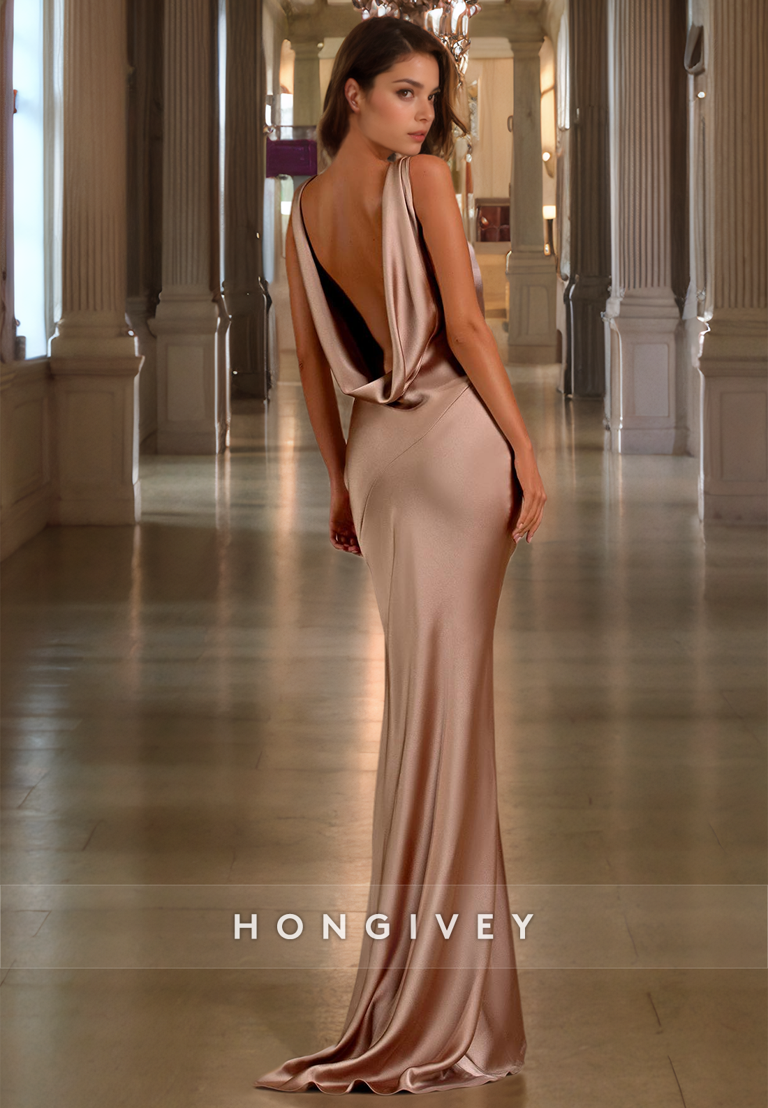 Sexy Satin Trumpt Asymmetrical Straps Empire With Train Party Prom Evening Dress