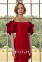 Fitted Long Red Puff Sleeves Bateau Mother of the Bride Wedding Guest Dress