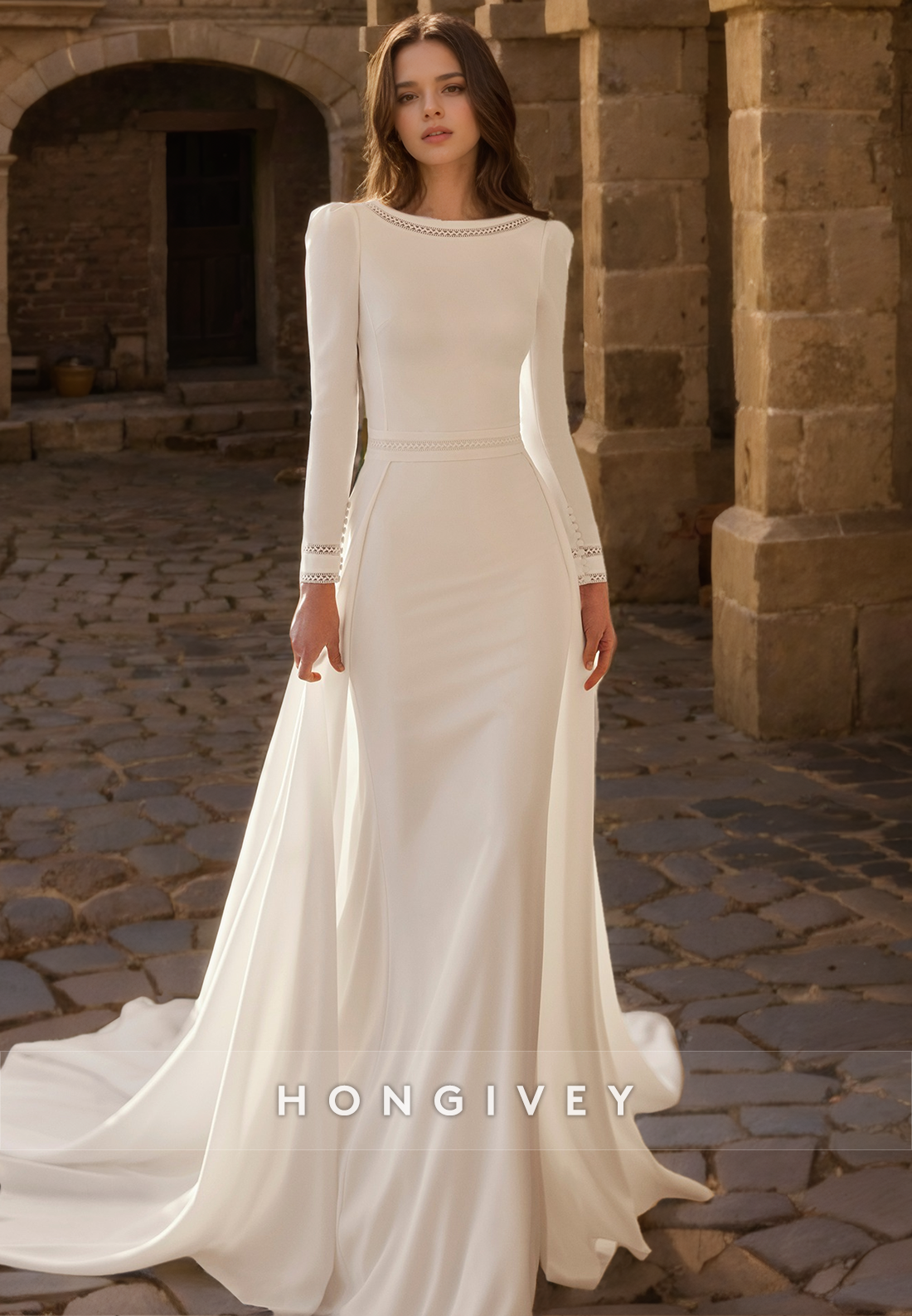 Chic Satin Fitted Round Long Sleeve Beaded With Train Wedding Dress