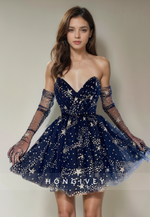 Tulle A-Line V-Neck Appliques Short Party Homecoming Dress