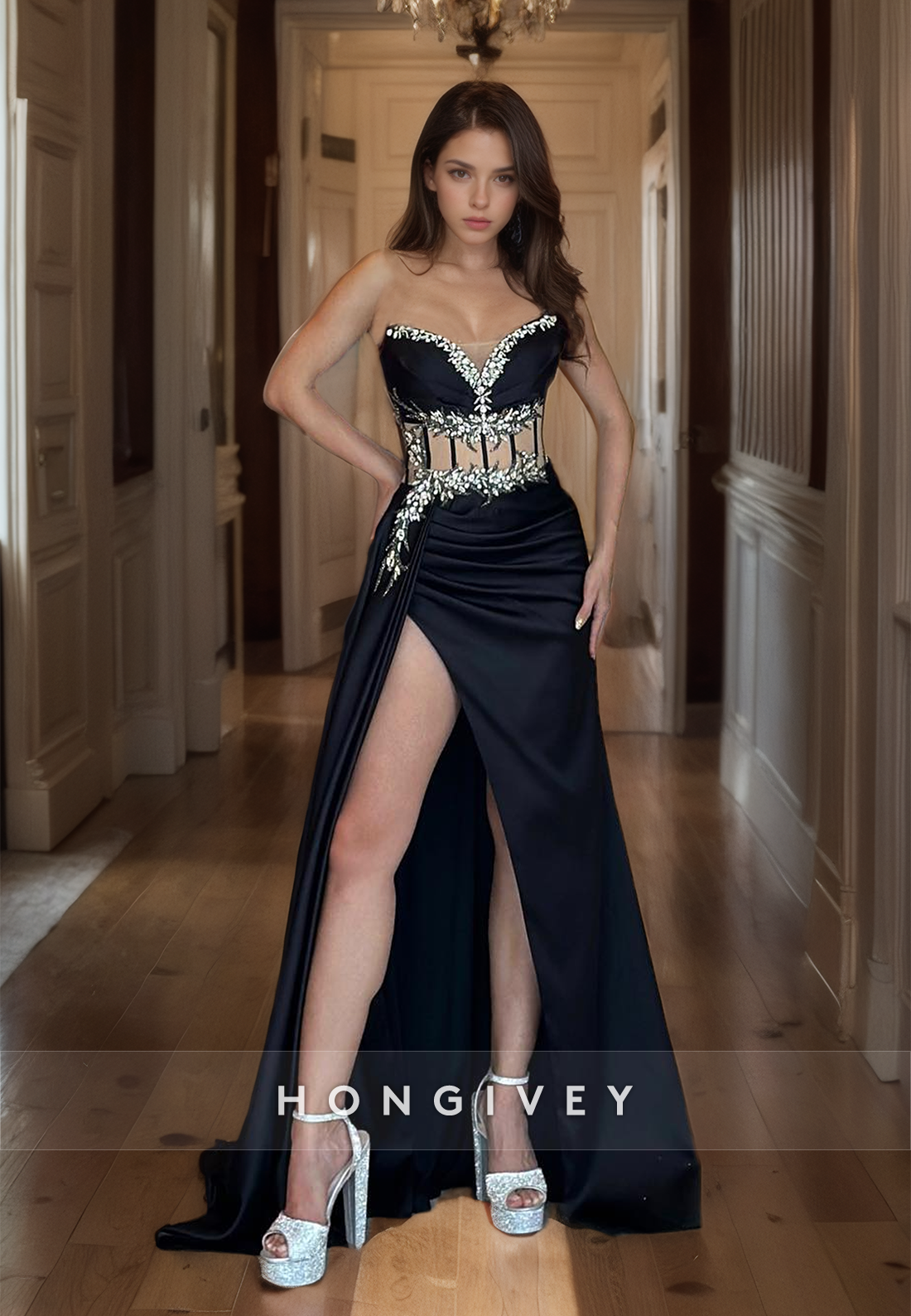 HONGIVEY Sexy Black Strapless Evening Dress Side Slit Beaded Sweetheart Prom Gown