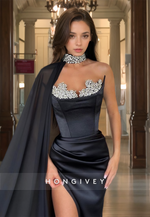 HONGIVEY Elegant Black Beaded Formal Evening Dress with Cape Floor Lenghth Prom Gown