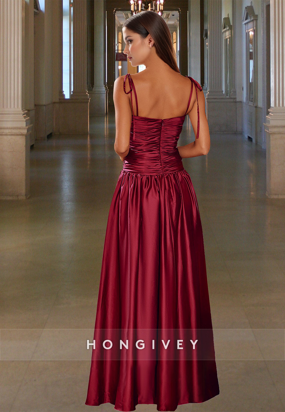 Square Spaghetti Straps Ruched Dark Red A-Line Simple Evening Prom Dress