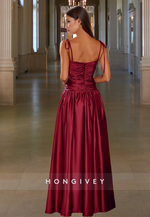 Square Spaghetti Straps Ruched Dark Red A-Line Simple Evening Prom Dress