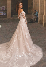 HONGIVEY Applique V-Neck Long Sleeves Tulle Wedding Dress with Train