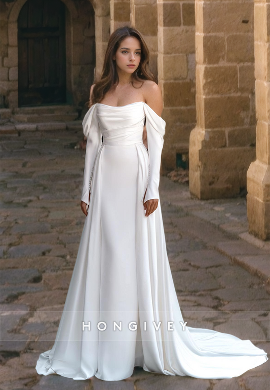 H1277 - Sexy Satin A-Line Off-Shoulder Long Sleeve Ruched Empire With Train Wedding Dress