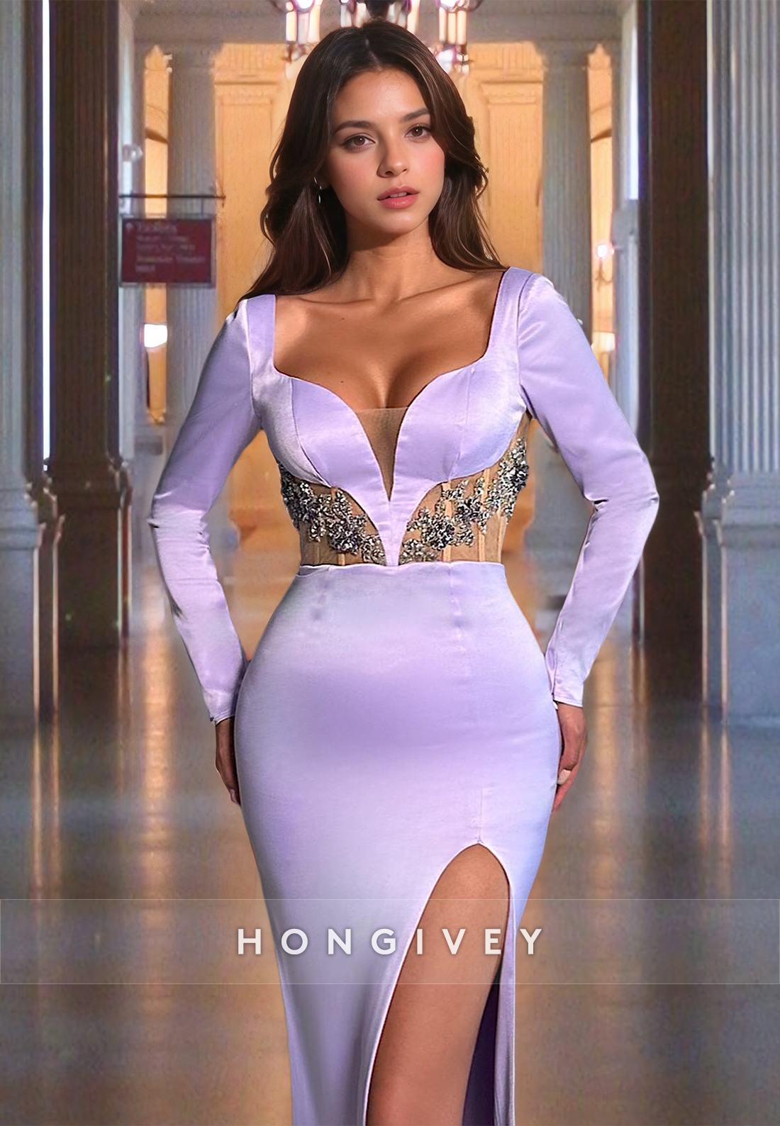 Gorgeous Beaded Long Sleeves Formal Evening Dress Square Neck Lilac Prom Gown with Train