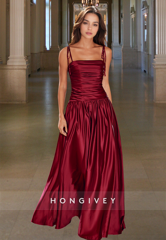 Square Spaghetti Straps Ruched Dark Red A-Line Simple Evening Prom Dress