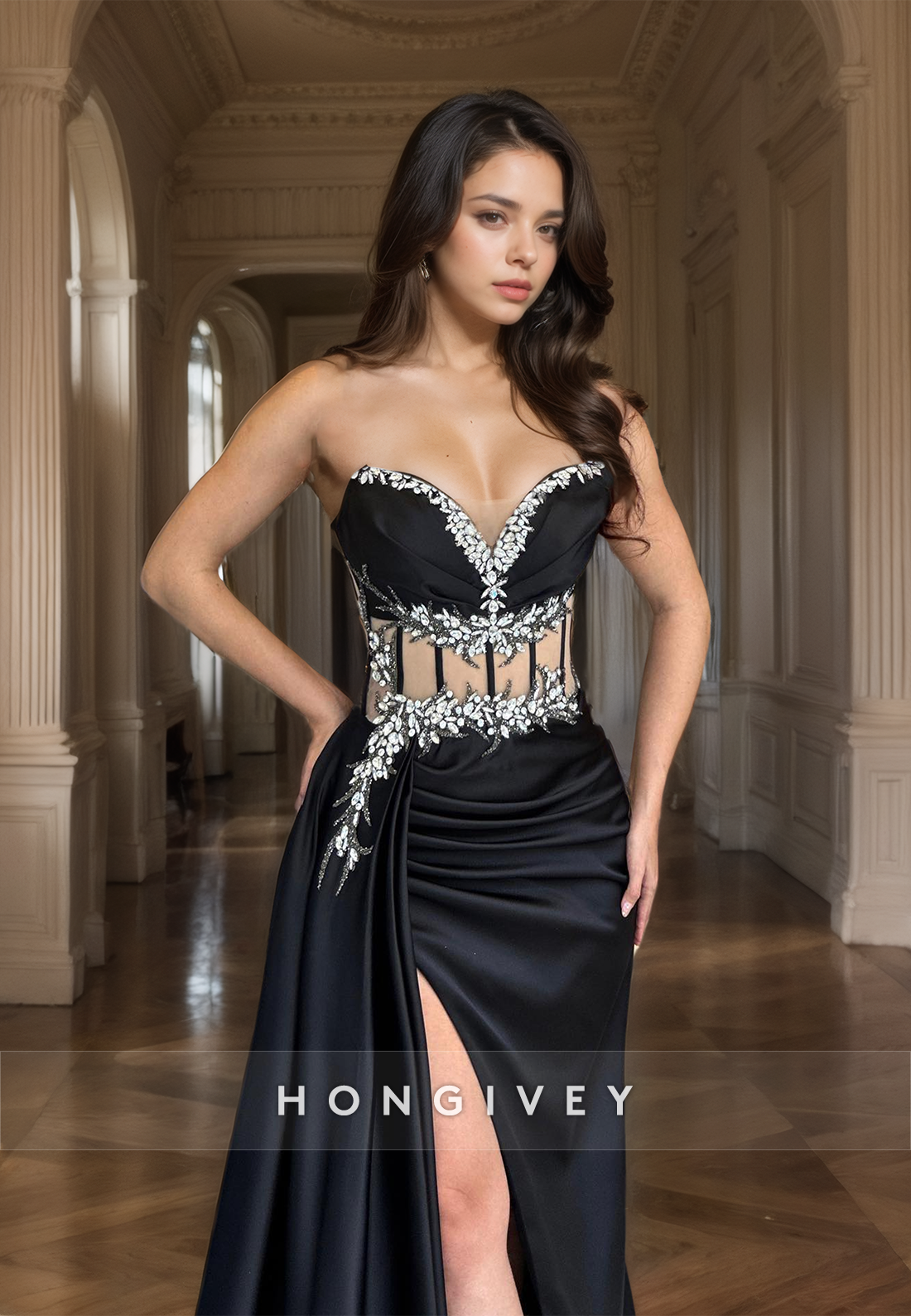 HONGIVEY Sexy Black Strapless Evening Dress Side Slit Beaded Sweetheart Prom Gown