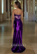 HONGIVEY Sexy Strapless Beaded Sheath with Side Slit Purple Evening Dress Formal Gown