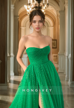 HONGIVEY Green Polka Dot Tulle Prom Dress Strapless A-Line Sweetheart Ball Gown